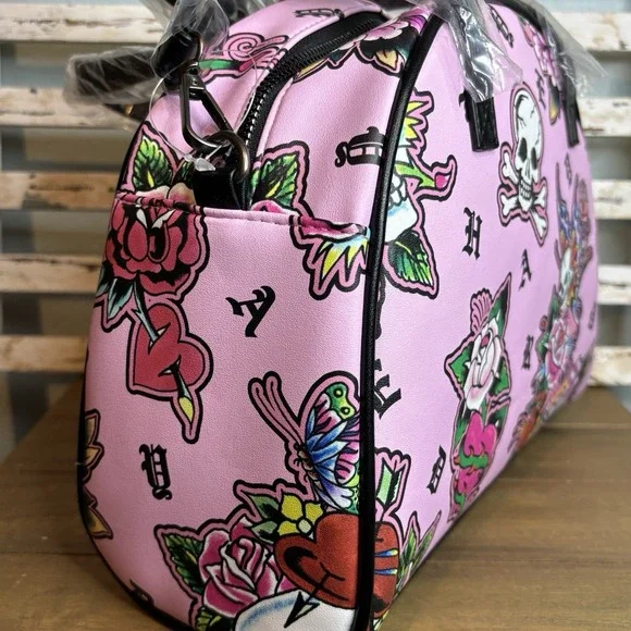 Ed Hardy Pink Y2K‎ Thermal Lunch Tote Hot or Cold Dual Straps Skulls Butterflies - Picture 7 of 15